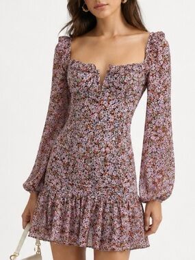 ASTR The Label Carmella Floral Square-Neck Long-Sleeve Mini Dress Size XS